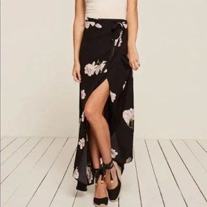 Reformation Black Wrap Skirt with Pink Flowers -- petite